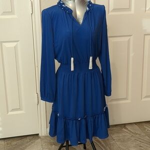 CABANA LIFE Blue Raffel, Smocked Waist,Long Sleeve /Mini Dress NWT Size S